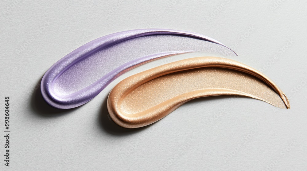 Naklejka premium A streak of liquid metallic eyeshadow swatches in gold, violet, and platinum, with a sleek, reflective texture that catches the light.