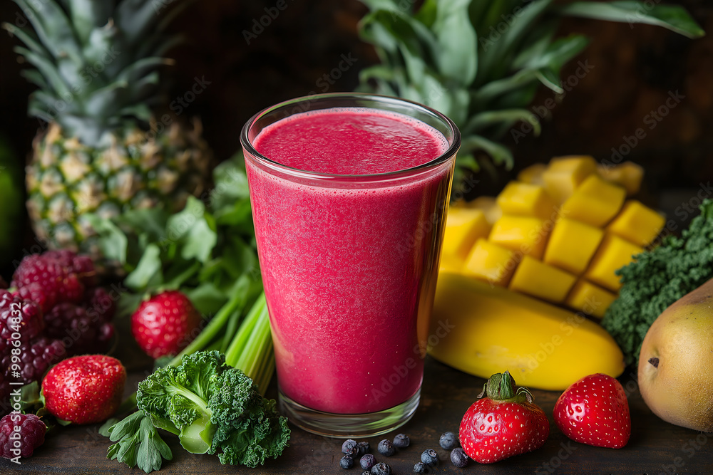 A refreshing smoothie in a glass, surrounded by fresh fruits and vegetables A refreshing smoothie in a glass, surrounded by fresh fruits and vegetables