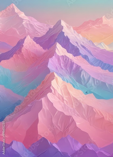a surreal, dreamlike landscape with mountains in a vibrant gradient of pink, purple, and blue hues, creating a sense of depth and dimension