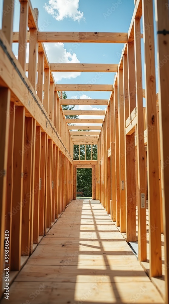 Wooden framing of a new house under construction with blue sky Wooden framing of a new house under construction with blue sky