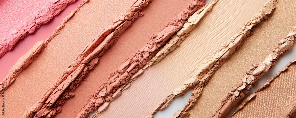 An artistic display of peach eyeshadow and beige bronzer swatches, softly blended together in an organic, flowing pattern. An artistic display of peach eyeshadow and beige bronzer swatches, softly blended together in an organic, flowing pattern.