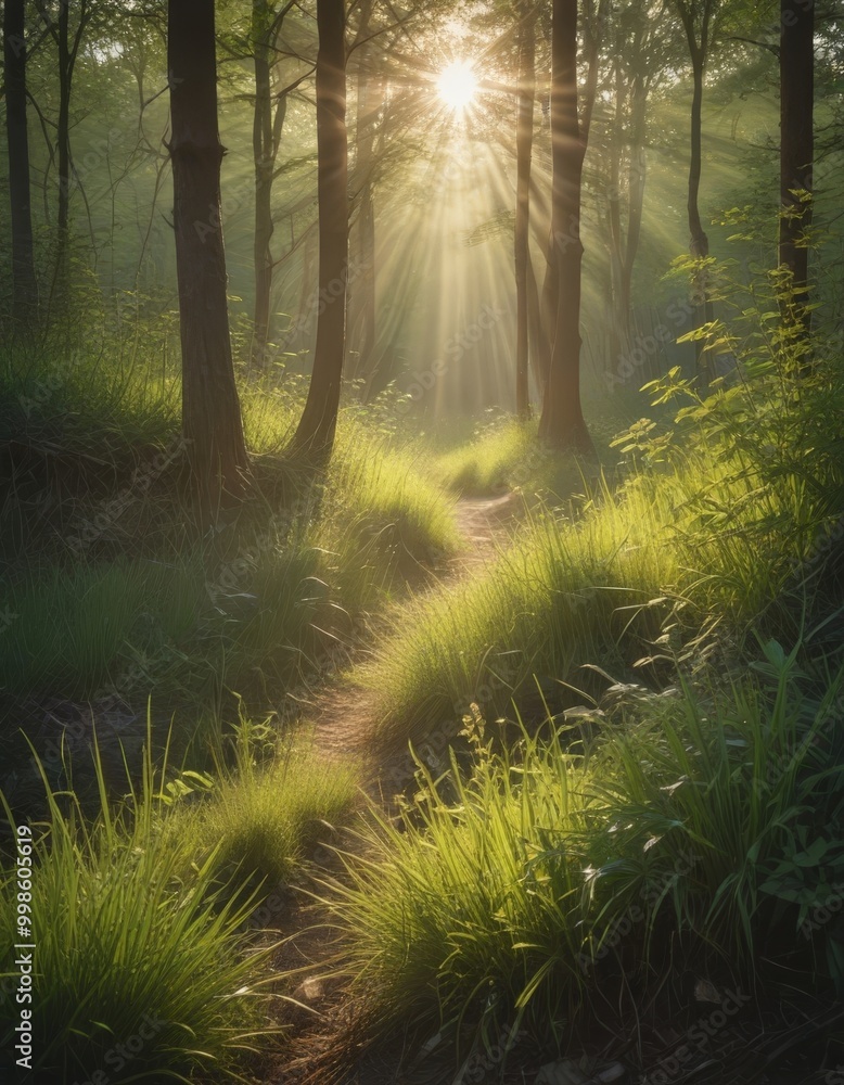 Fototapeta premium A serene forest path bathed in sunlight, with tall trees and lush greenery surrounding a winding trail