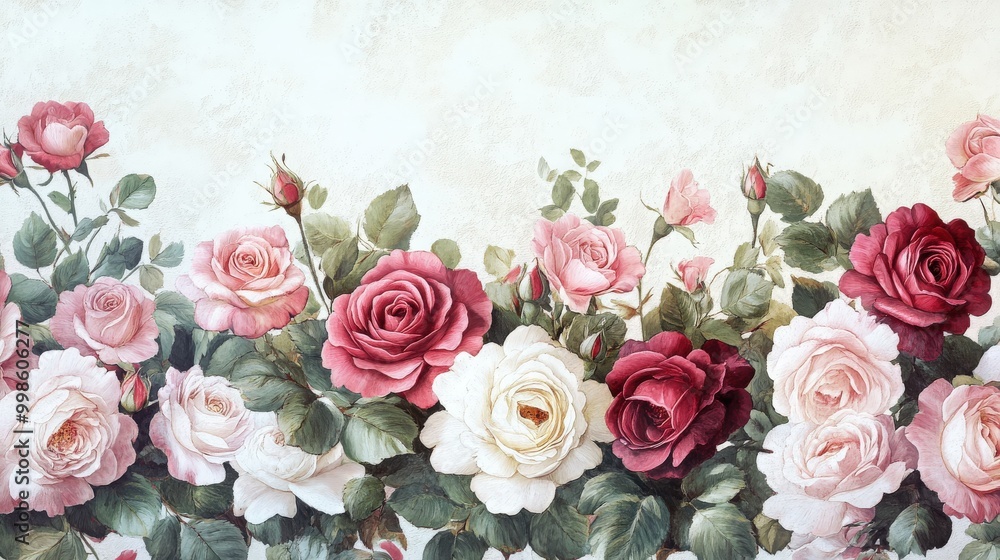 Classic floral border featuring pink, red, and white roses. The rich and detailed flower patterns create a lovely and timeless background Classic floral border featuring pink, red, and white roses. The rich and detailed flower patterns create a lovely and timeless background