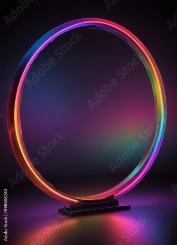 A vibrant, circular neon ring with a gradient of colors, including red, orange, yellow, green, blue, and purple, is displayed against a dark background
