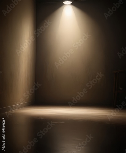 A dimly lit room with a single spotlight illuminating a wooden ladder against a beige wall