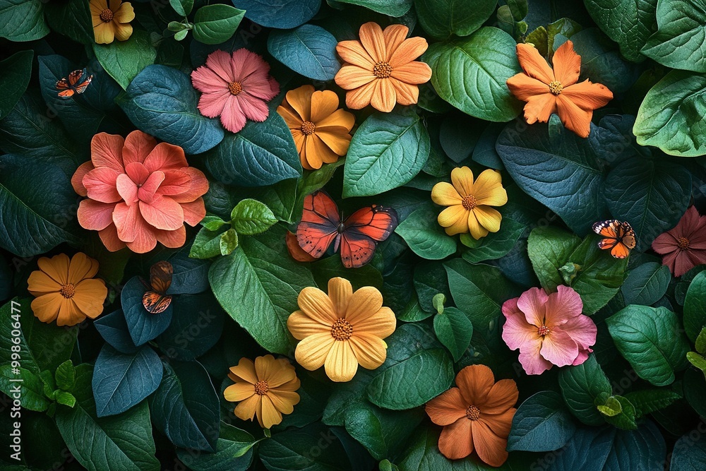 Bright and Vibrant Garden Elements Featuring Colorful Flowers, Leaves, and Natural Decor Items Bright and Vibrant Garden Elements Featuring Colorful Flowers, Leaves, and Natural Decor Items