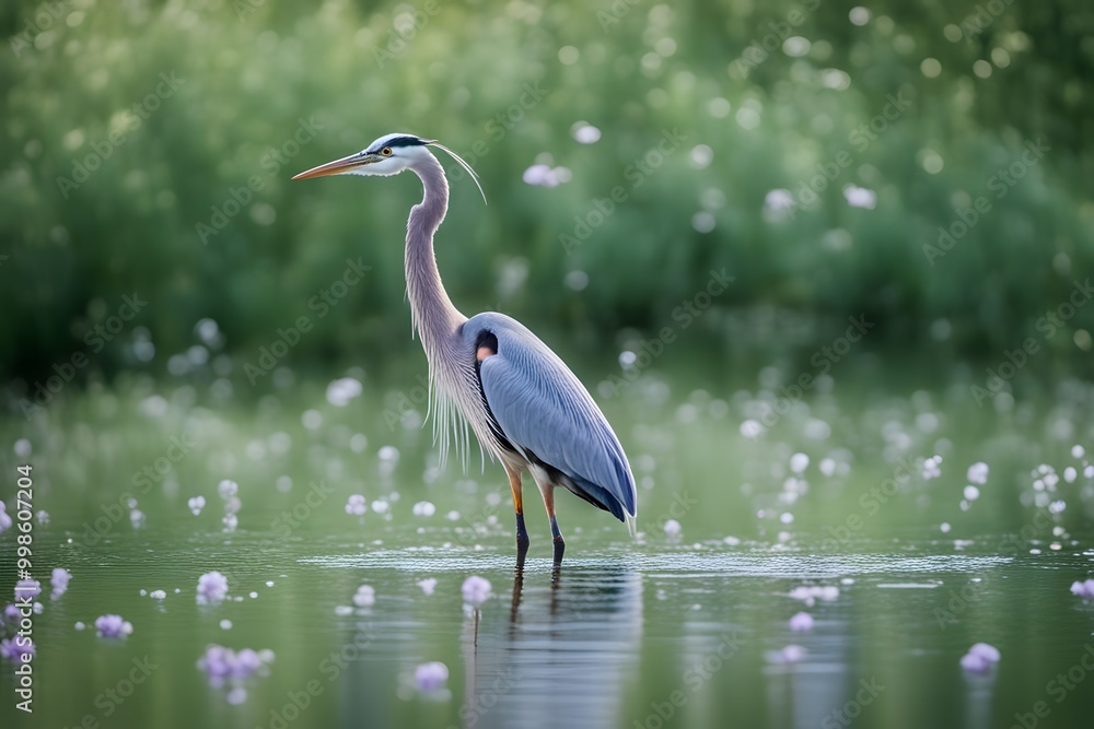Naklejka premium A heron with lavender and white flowers on its back wading in a lake with a soft green bokeh, Ai Generated