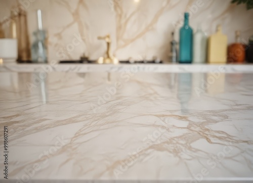 A close-up view marble countertop with a blurred background of various bottles and decorative items