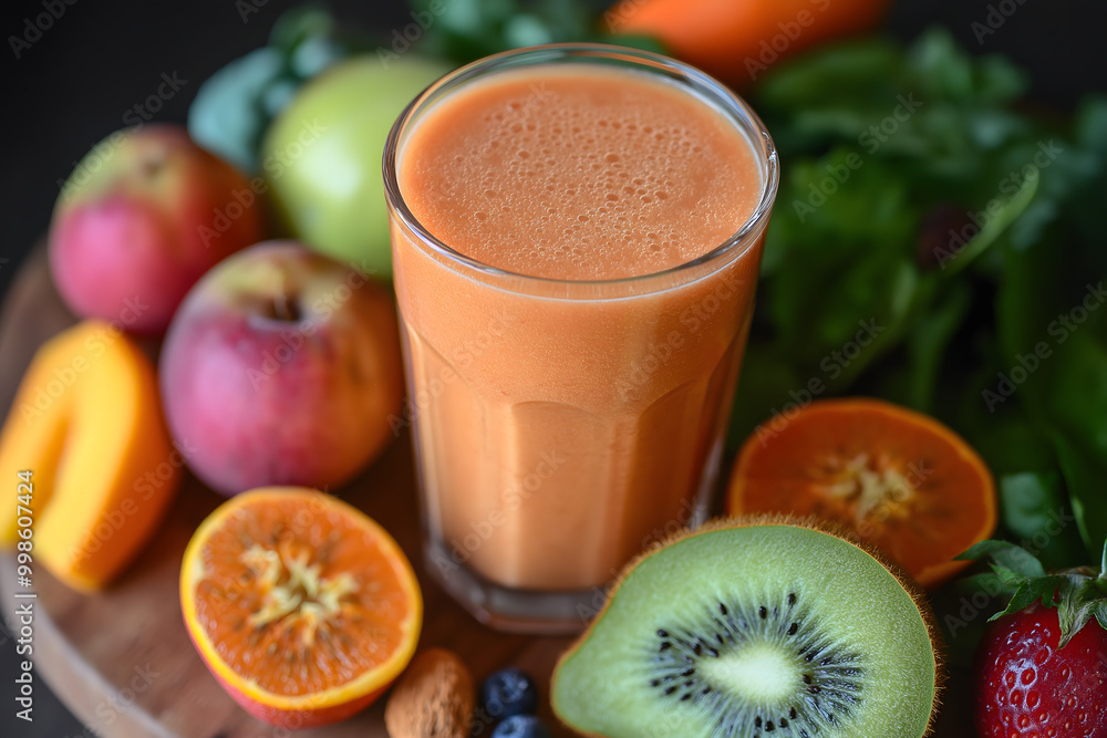 A refreshing smoothie in a glass, surrounded by fresh fruits and vegetables A refreshing smoothie in a glass, surrounded by fresh fruits and vegetables