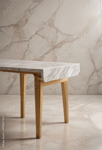 A modern, minimalist table with a marble top and gold legs stands against a marble wall, creating a sleek and elegant interior design