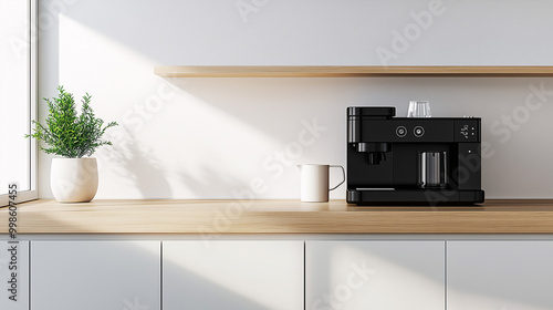A minimalist kitchen with light wooden countertops and one modern coffee machine placed neatly in the corner. The space is free from clutter, with natural tones creating a calm atmosphere