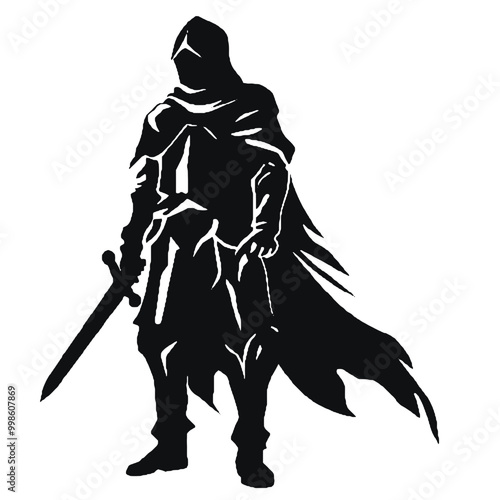  Monochromatic Silhouette of warrior with a sword vector illustration