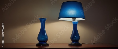 Two blue glass vases with white bases sit on a wooden table, illuminated by a single blue lamp with a white shade