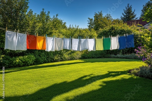 White sheets and colorful garments sway gently on a clothesline in an inviting garden surrounded by greenery and bright sunshine. Generative AI