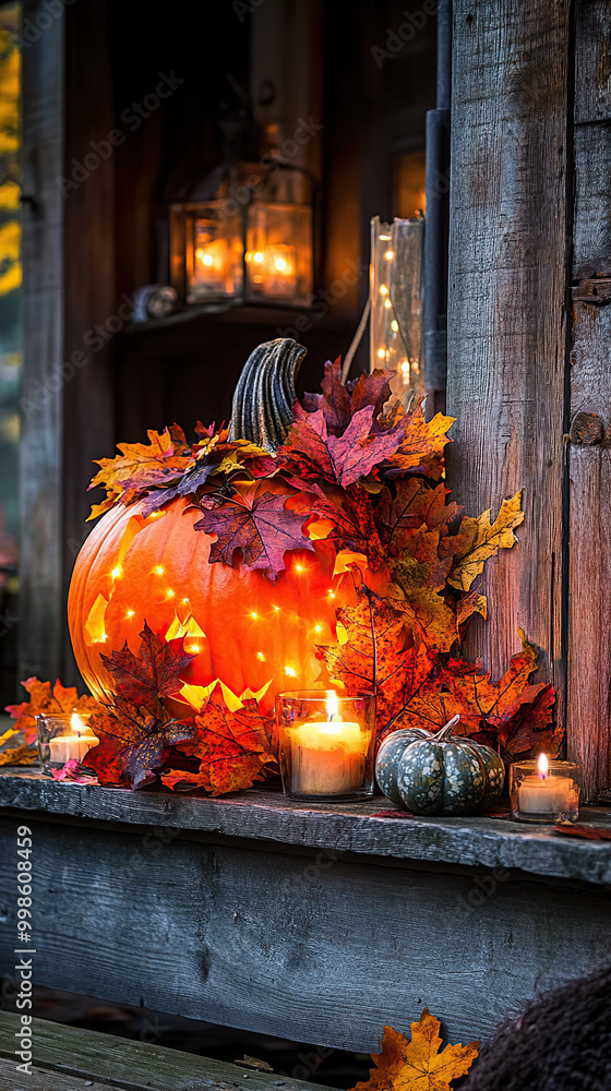 Obraz premium Festive Pumpkin with Autumn Leaves and Cozy Candle
