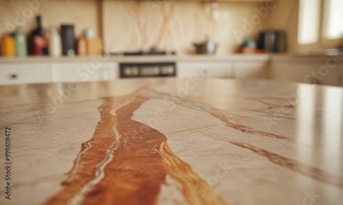 A close-up view marble countertop with a distinctive pattern, set against a blurred kitchen background with various kitchen appliances and items