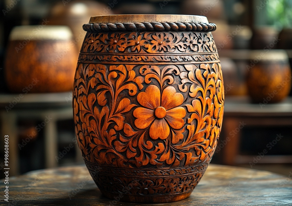 Close-Up of a Handcrafted Wooden Drum Showcasing Intricate Patterns and Vibrant Colors in Detail Close-Up of a Handcrafted Wooden Drum Showcasing Intricate Patterns and Vibrant Colors in Detail
