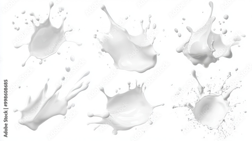Collection of white milk splashes isolated on a clean white or transparent background. Perfect for vibrant and bold digital design projects Collection of white milk splashes isolated on a clean white or transparent background. Perfect for vibrant and bold digital design projects
