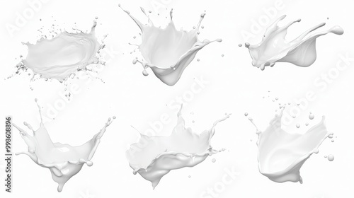 Collection of white milk splashes isolated on white or transparent backgrounds. Fresh and dramatic, ideal for modern, high-energy digital art