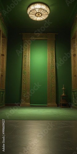 A grand, ornate room with a green wall, gold columns, and a chandelier, set against a dark green floor