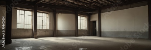 an empty room with large windows, concrete floors, and exposed wooden beams and columns, creating a sense of spaciousness and tranquility