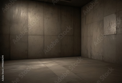 A dimly lit, empty room with concrete walls and a concrete floor, illuminated by a single light source on the left side