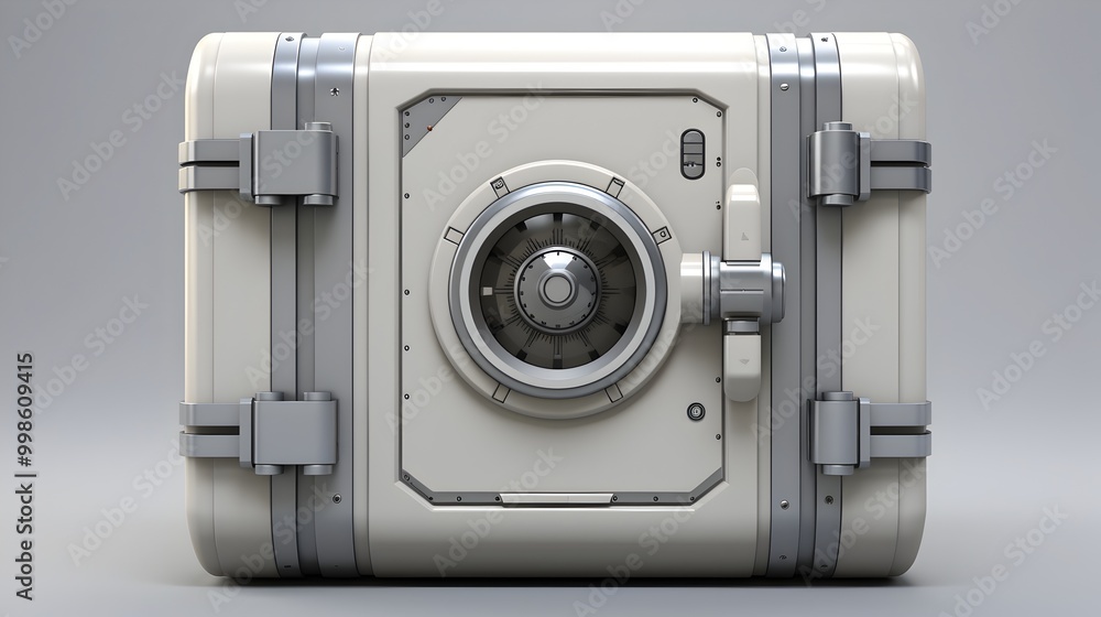 Futuristic steel safe enclosure with complex locking mechanism on gray background Futuristic steel safe enclosure with complex locking mechanism on gray background