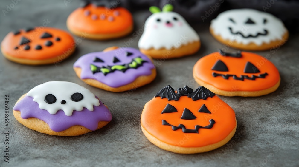 Colorful Halloween cookies on concrete surface Colorful Halloween cookies on concrete surface