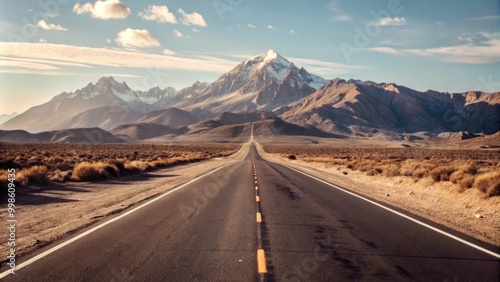 Long road stretching towards distant snow-capped mountains.