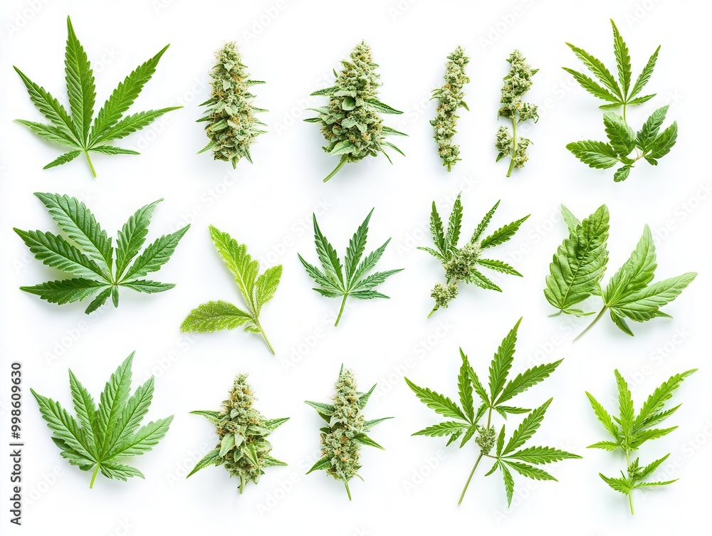 artful arrangement of cannabis buds and leaves on pristine white background highdetail macro photography showcases plants intricate structures artful arrangement of cannabis buds and leaves on pristine white background highdetail macro photography showcases plants intricate structures