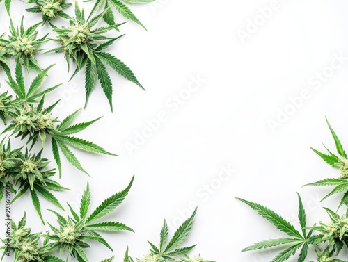 artful arrangement of cannabis buds and leaves on pristine white background highdetail macro photography showcases plants intricate structures