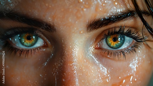 Close-Up Portrait of a Woman's Eyes with Water Drops