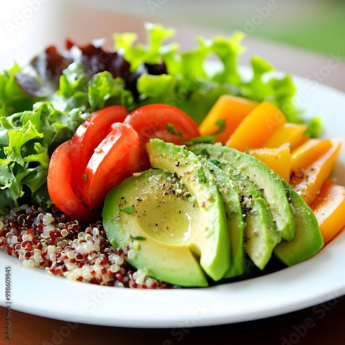 A colorful meal featuring low glycemic foods--quinoa, leafy greens, and avocados--set against a clean, bright dining space. photo