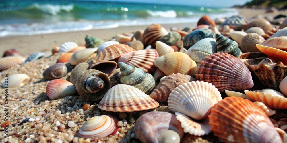 Colorful seashells scattered on a sandy beach. Colorful seashells scattered on a sandy beach.