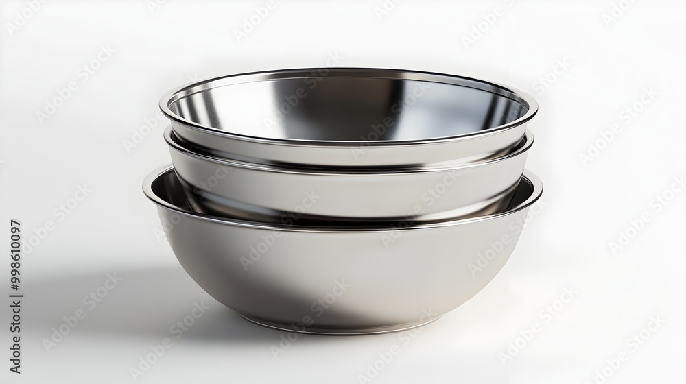 Stainless Steel Mixing Bowls Nested in Symmetrical Arrangement on White Background Stainless Steel Mixing Bowls Nested in Symmetrical Arrangement on White Background