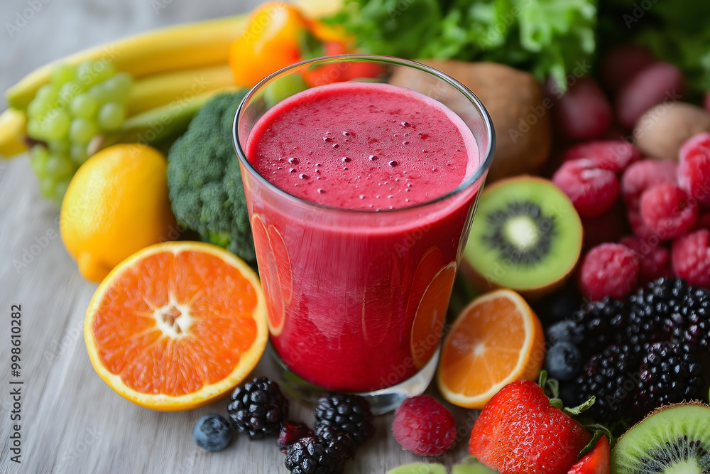 A refreshing smoothie in a glass, surrounded by fresh fruits and vegetables A refreshing smoothie in a glass, surrounded by fresh fruits and vegetables