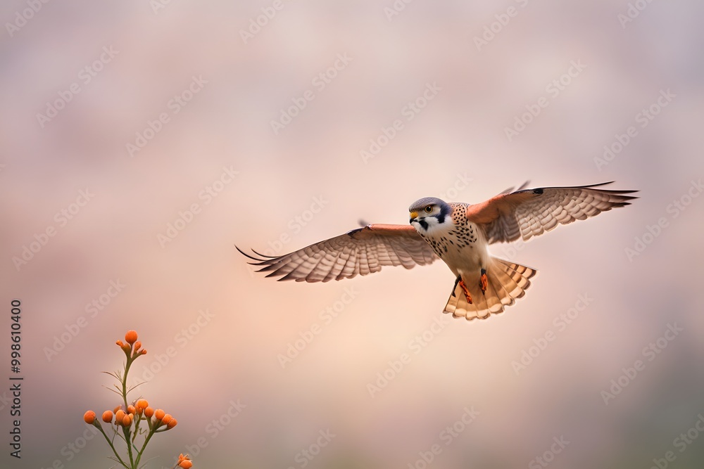 Fototapeta premium A kestrel with yellow lilies on its back flying through the sky with a golden sunset, AI Generated