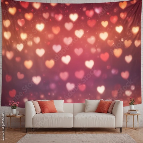 A living room with a white sofa and two side tables, one with a plant and the other with a book, set against a large tapestry with a heart-shaped pattern in warm colors