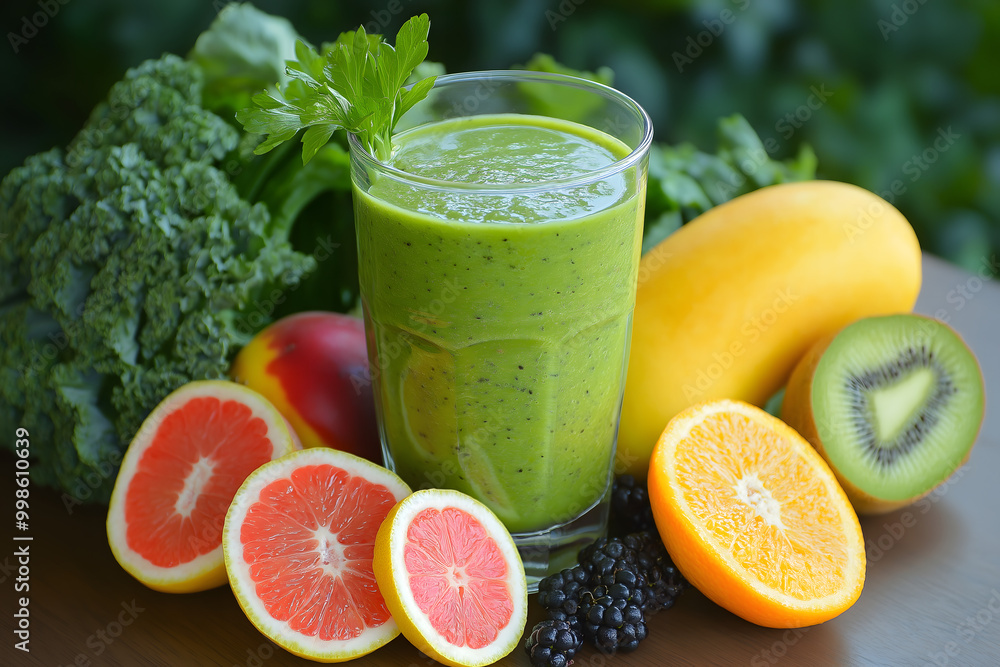 A refreshing smoothie in a glass, surrounded by fresh fruits and vegetables A refreshing smoothie in a glass, surrounded by fresh fruits and vegetables