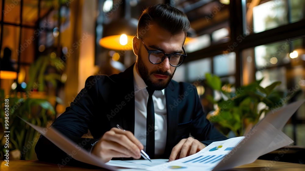 Businessman Reviewing Detailed Business Plan for New Startup Investment Opportunity Businessman Reviewing Detailed Business Plan for New Startup Investment Opportunity