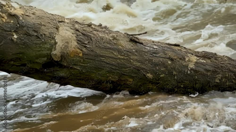 Raging muddy river overflowing after a heavy rainfall, with a large tree trunk floating on the surface, showcasing the raw power of nature in the midst of a spring flood Raging muddy river overflowing after a heavy rainfall, with a large tree trunk floating on the surface, showcasing the raw power of nature in the midst of a spring flood