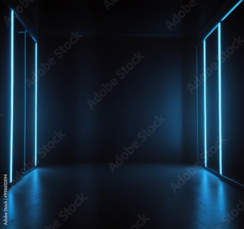 A dark room with a single, glowing blue line running down the center, creating a sense of depth and perspective