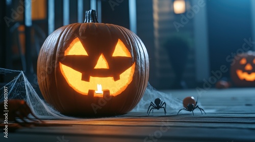 A glowing jack-o'-lantern sits amidst cobwebs and small spiders, creating a festive Halloween ambiance on a porch. photo