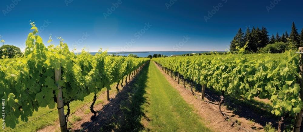 Naklejka premium Vineyard Rows Leading to Lake View