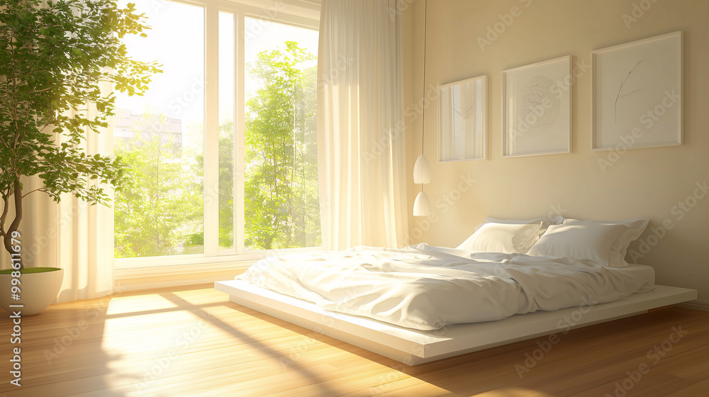 A bright, airy minimalist bedroom with a white platform bed, minimal decor, and natural wood flooring. Sunlight floods the space, creating a calm, peaceful atmosphere A bright, airy minimalist bedroom with a white platform bed, minimal decor, and natural wood flooring. Sunlight floods the space, creating a calm, peaceful atmosphere