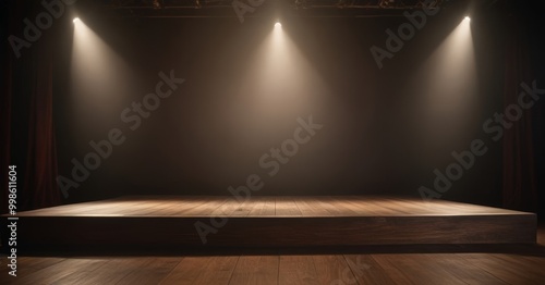A dimly lit stage with a wooden platform and three spotlights shining down on it, creating a dramatic and atmospheric setting