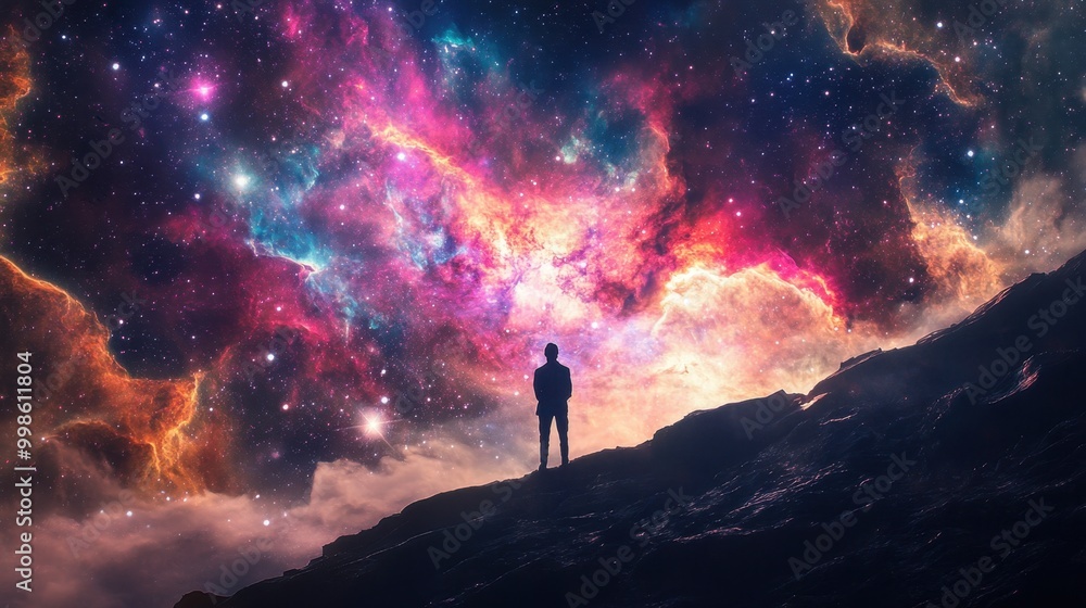 Fototapeta premium A breathtaking view of the galaxy with colorful nebulae and stars, as a silhouette gazes into the vastness of the cosmos