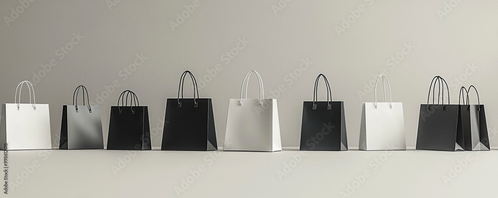 Fototapeta premium A stylish arrangement of monochrome shopping bags lined up against a minimalistic backdrop, showcasing modern retail aesthetics