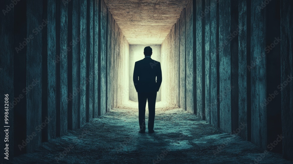 Obraz premium A man is walking down a dark tunnel