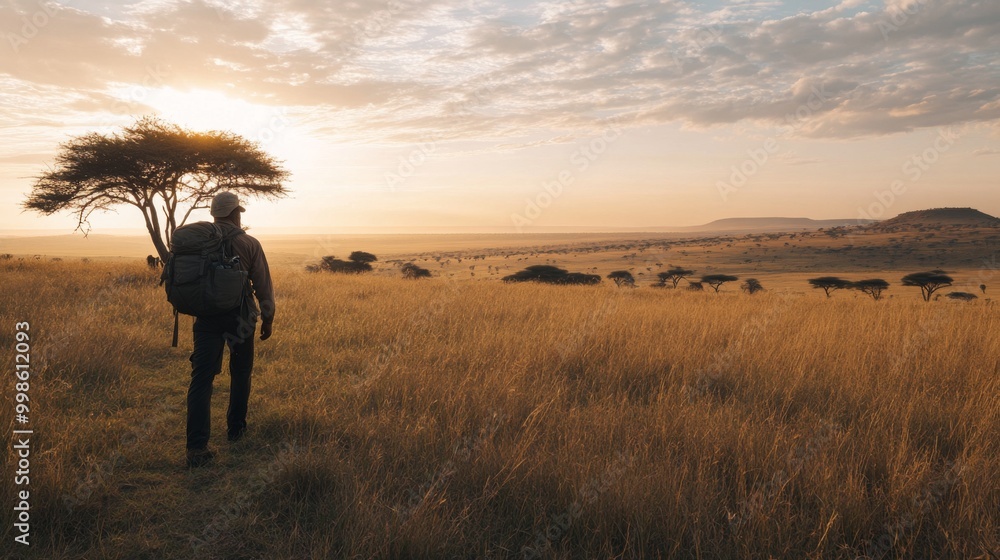A lone hiker walks through a golden savanna at sunrise, silhouetted against the rising sun, with a large backpack and a hat, looking out over the vast landscape. A lone hiker walks through a golden savanna at sunrise, silhouetted against the rising sun, with a large backpack and a hat, looking out over the vast landscape.